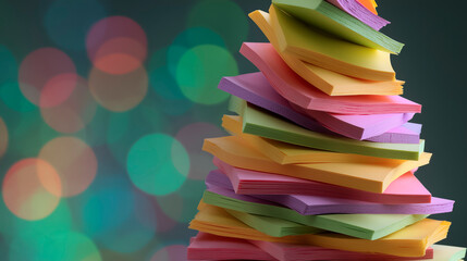 A stack of sticky notes forming a Christmas tree, office celebration concept