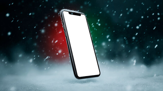 A smartphone with a blank screen while it snows on it