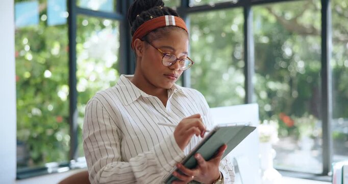 African woman, stylus and tablet at house for feedback, editing article and confirm submission. Person, remote work and writing on digital for proofreading report, update draft and story publication