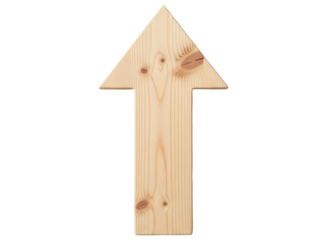 Natural wooden arrow pointing upwards, crafted from light pine wood material