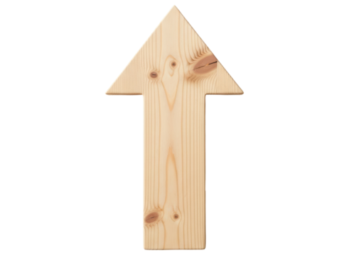 Natural wooden arrow pointing upwards, crafted from light pine wood material