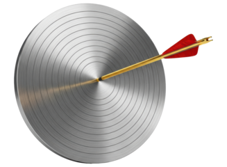 Golden arrow hitting the bullseye of a metallic target, representing success