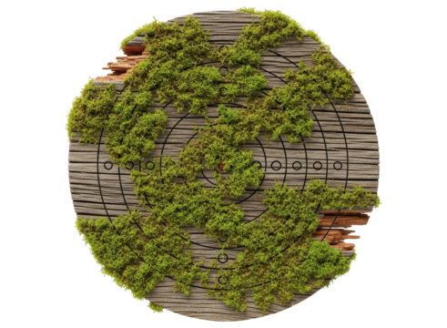 Old wooden target board overgrown with lush green moss and impact marks.