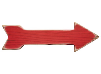 Rustic red wooden arrow sign pointing right, a vintage directional indicator