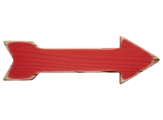 Rustic red wooden arrow sign pointing right, a vintage directional indicator