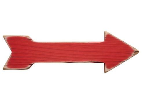 Rustic red wooden arrow sign pointing right, a vintage directional indicator