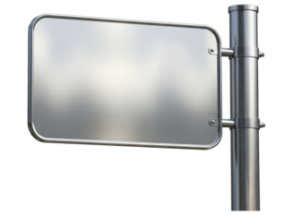 Blank rectangular metal sign with rounded corners on a silver pole for custom text