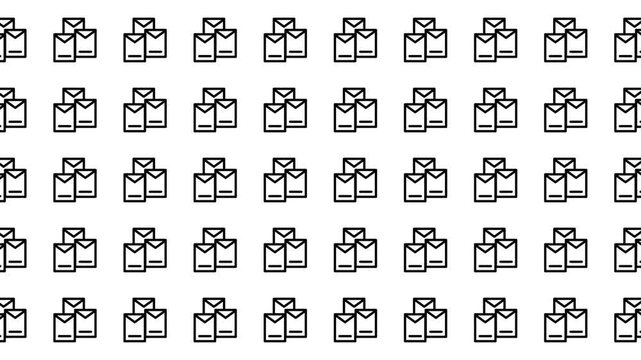 Pattern of stylized stacked envelope icons on white. Suitable for business communications, email marketing, digital correspondence, and stationery designs.