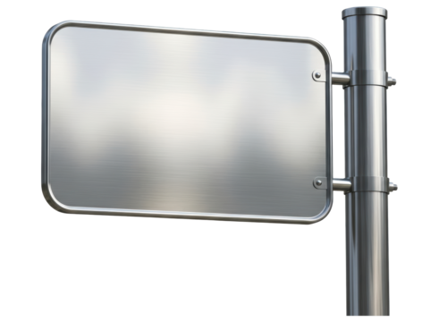 Blank rectangular metal sign with rounded corners on a silver pole for custom text