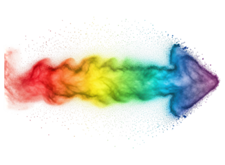 Dynamic rainbow color powder burst forming an arrow shape, vibrant and energetic flow.