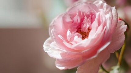 Obraz premium Delicate pink flower in soft sunlight creating a serene atmosphere with intricate petals and vibrant colors for nature and beauty themes