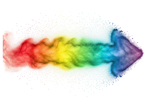 Dynamic rainbow color powder burst forming an arrow shape, vibrant and energetic flow.