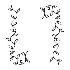 Hand drawn simple vine with leaves garland border vector illustration. Monochrome doodle botanical frame card template