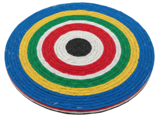 Colorful circular mat made of coiled rope with concentric rings in blue, yellow, green, white, red, and black.