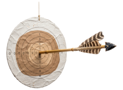 Rustic bullseye hit by a traditional arrow, symbolizing accuracy and achievement