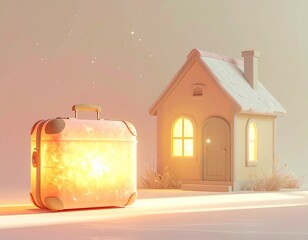 光を放つスーツケースと温かな光に包まれた小さな家を描いたメルヘンイラスト。旅立ちや帰省、未来への希望を感じさせる幻想的な世界観の一枚