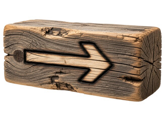 Weathered wooden block with a carved arrow pointing right, rustic texture