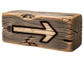 Weathered wooden block with a carved arrow pointing right, rustic texture