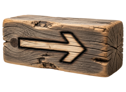 Weathered wooden block with a carved arrow pointing right, rustic texture