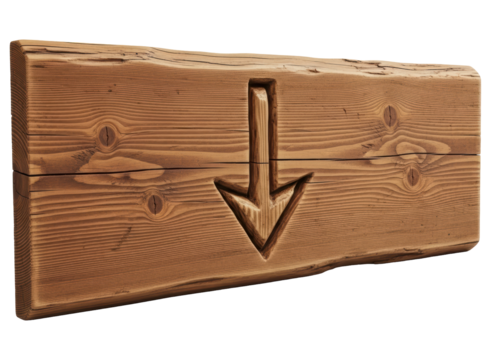 Rustic wooden plank with a carved downward arrow symbol indicating direction