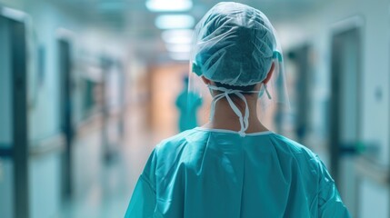 Back view of a medical professional surgeon or nurse in blue sterile scrubs, cap, and face shield, walking down a brightly lit hospital corridor