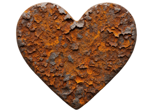 Textured rusty metal heart symbol showing decay and weathered surface