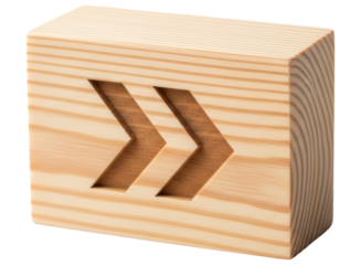 Wooden block with carved double arrow symbol representing progress or fast forward