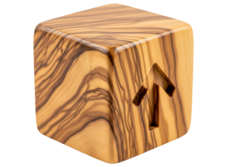 Natural wood cube with an upward arrow carving, symbolizing growth and progress