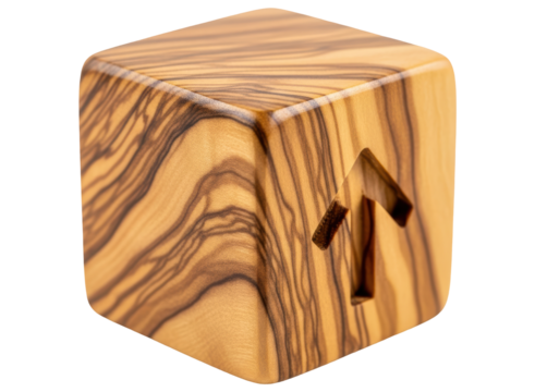 Natural wood cube with an upward arrow carving, symbolizing growth and progress