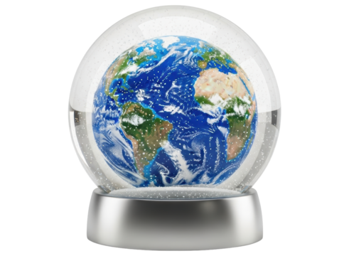 Detailed planet earth model inside a classic snow globe with a metallic stand