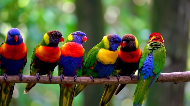 Vibrant Rainbow Lorikeets Perched on Branch in Lush Green Natural Habitat Scene