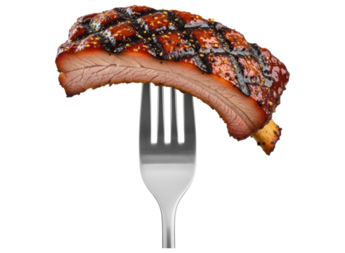 Delicious barbecued pork rib glazed with sauce, perfectly balanced on a silver fork.