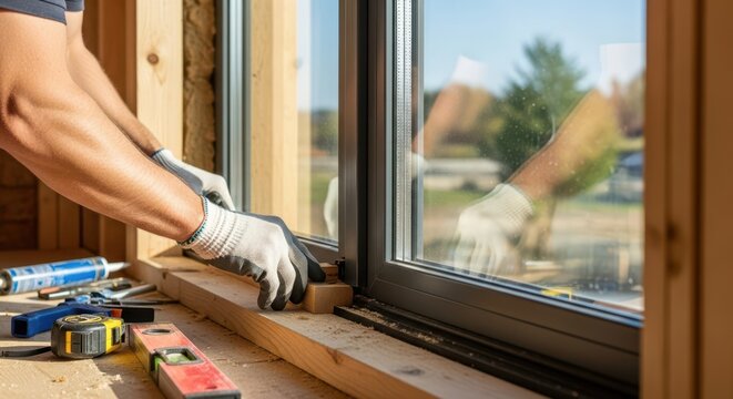 Instalaci&oacute;n de ventana moderna en casa nueva, manos trabajando en el marco, p&oacute;ster profesional.