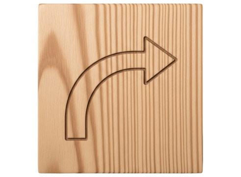 Wooden block with carved right turn arrow indicating direction or navigation