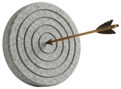 Bronze arrow perfectly hitting the center of a circular granite stone target.