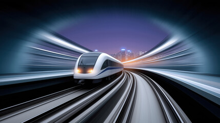 High speed train modern railway cityscape night motion blur futuristic transportation tunnel technology travel dynamic energy urban