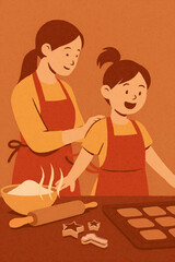 Big Sister Cooking Lesson with Little Sister Flat Vector Illustration