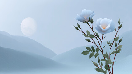 Blue flower moon mountain mist nature landscape serene tranquil morning soft—Blue flowers bloom gracefully against misty mountains under pale moon creating serene and tranquil morning landscape