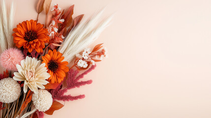Orange gerbera, cream dahlia, white pampas grass, and dried flowers arranged on soft peach background create warm, elegant, and cheerful floral composition for seasonal decor