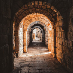 Fototapeta premium Historic stone corridor with repeating arches illuminated by warm light inside an ancient structure