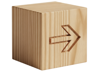 Wooden cube with carved arrow pointing right, representing direction or next step.
