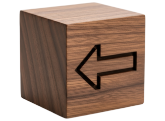 Dark wooden cube with an engraved left arrow symbol, representing direction or choice