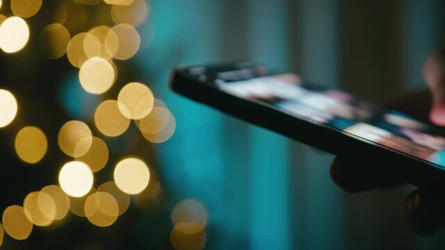 Hand flips through photos on a smartphone at night in front of a Christmas tree