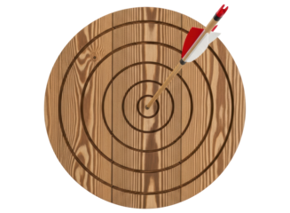 Wooden archery target with a red and white arrow hitting near the bullseye