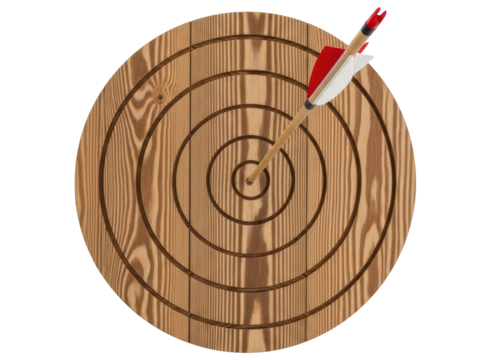 Wooden archery target with a red and white arrow hitting near the bullseye - Powered by Adobe