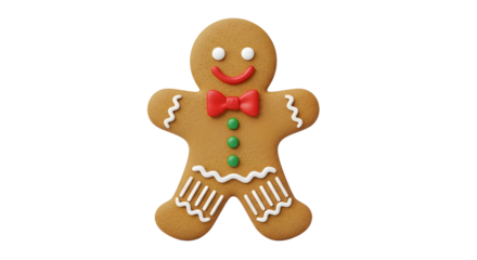 Gingerbread man cookie with red bow tie for holiday season isolated PNG with Transparent Background