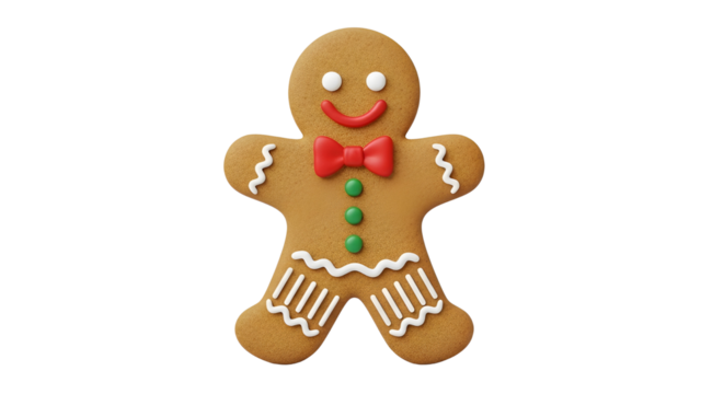 Gingerbread man cookie with red bow tie for holiday season isolated PNG with Transparent Background
