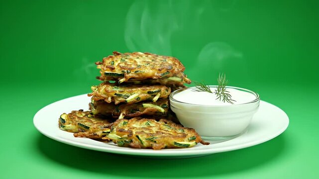 Stacked crispy fritters with sauce on plate.