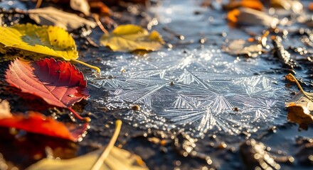 Autumn leaves on a frozen puddle with frost patterns
