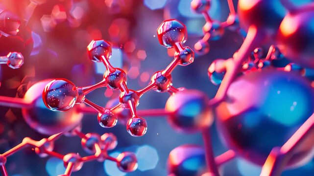 Molecular Marvel: Intricate molecular structures, pulsating with vibrant hues of red and blue, form an abstract composition, symbolizing the wonders of scientific innovation and discovery. - Powered by Adobe